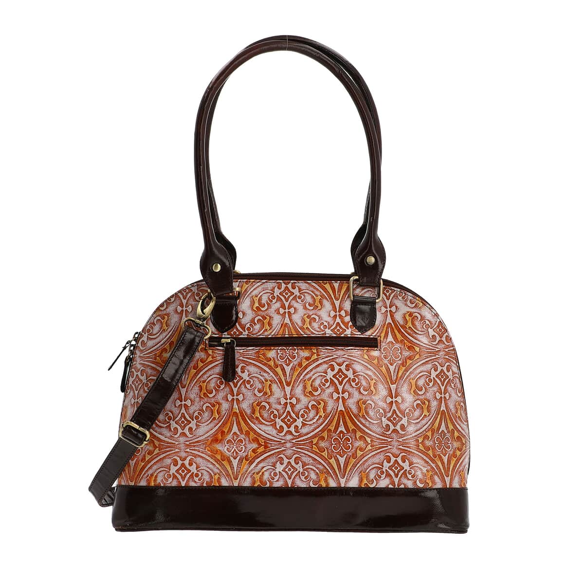 VIVID by SUKRITI Tan Damask Pattern Embossed 100% Genuine Leather Shoulder Bag image number 4