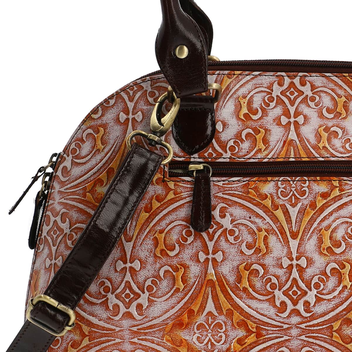 VIVID by SUKRITI Tan Damask Pattern Embossed 100% Genuine Leather Shoulder Bag image number 5