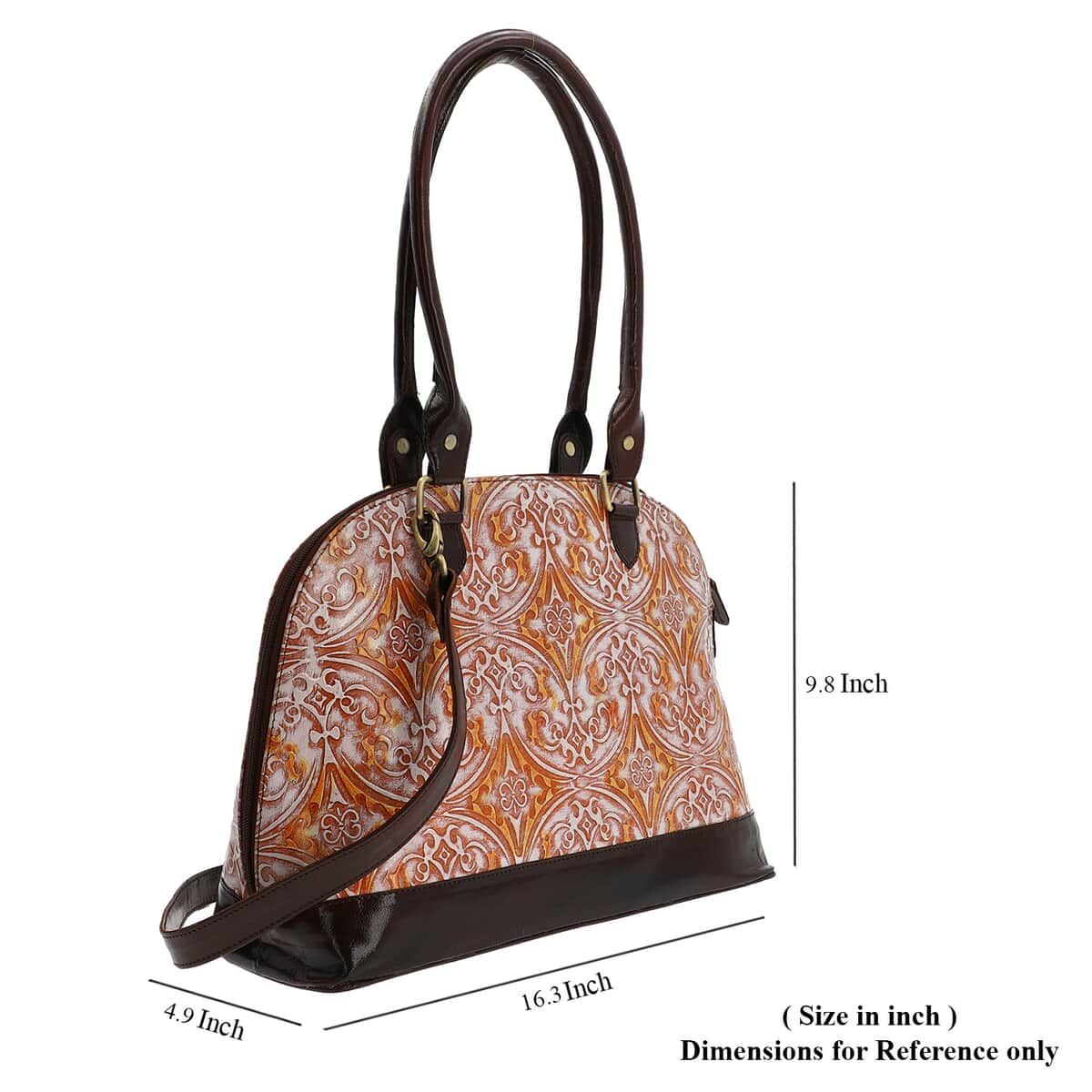 VIVID by SUKRITI Tan Damask Pattern Embossed 100% Genuine Leather Shoulder Bag image number 6