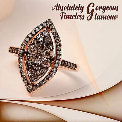 D'Joy Natural Champagne Diamond 1.00 ctw Ring in Vermeil Rose Gold Over Sterling Silver,Cocktail Cluster Rings For Women (Size 6.0)