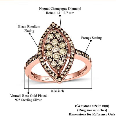 D'Joy Natural Champagne Diamond 1.00 ctw Ring in Vermeil Rose Gold Over Sterling Silver,Cocktail Cluster Rings For Women (Size 6.0)