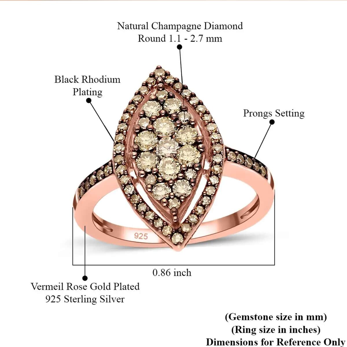 Natural Champagne Diamond Marquise Shape Ring in Rhodium & Vermeil Rose Gold Over Sterling Silver 1.00 ctw image number 6