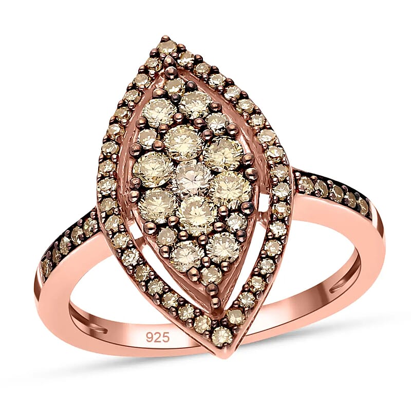 D'Joy Natural Champagne Diamond 1.00 ctw Ring in Vermeil Rose Gold Over Sterling Silver,Cocktail Cluster Rings For Women (Size 8.0)