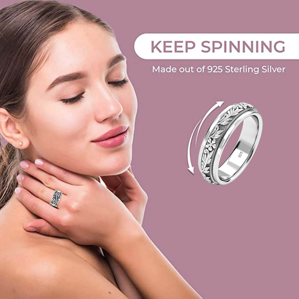 Floral Spinner Ring for Anxiety in Sterling Silver, Anxiety Ring for Women, Fidget Rings for Anxiety for Women, Stress Relieving Anxiety Ring, Promise Rings (Size 6.0) image number 4
