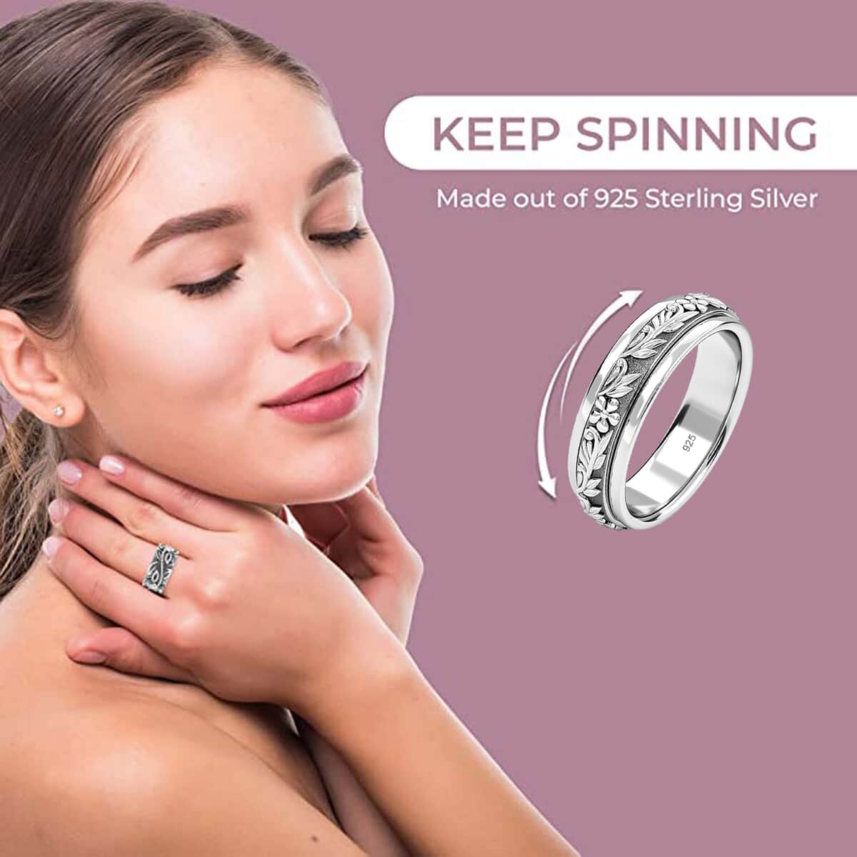 Floral Spinner Ring for Anxiety in Sterling Silver, Anxiety Ring for Women, Fidget Rings for Anxiety for Women, Promise Rings 6.25 Grams (Size 5) image number 4