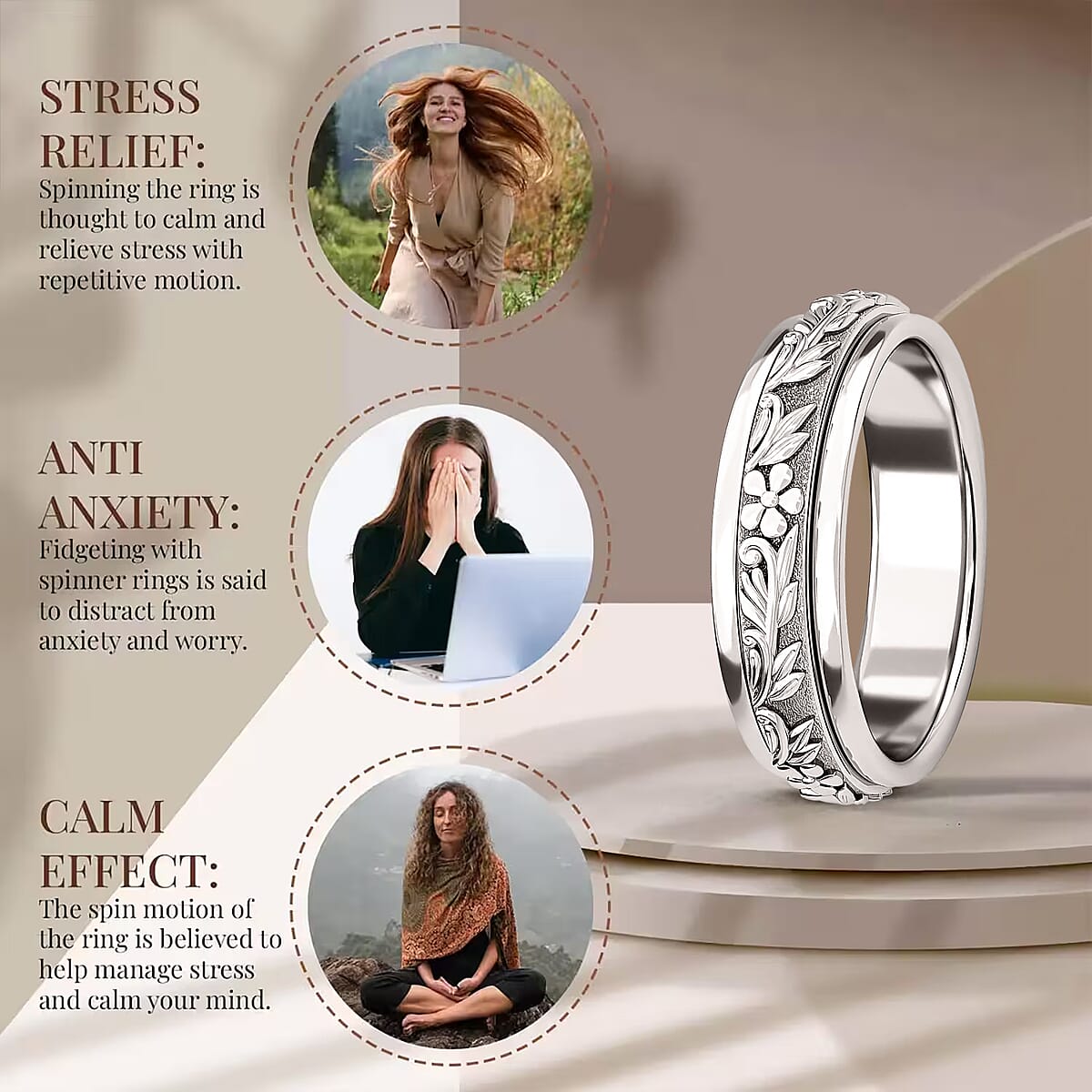 Floral Fidget Spinner Ring for Anxiety in Sterling Silver (Size 7.0) 4.50 Grams image number 2
