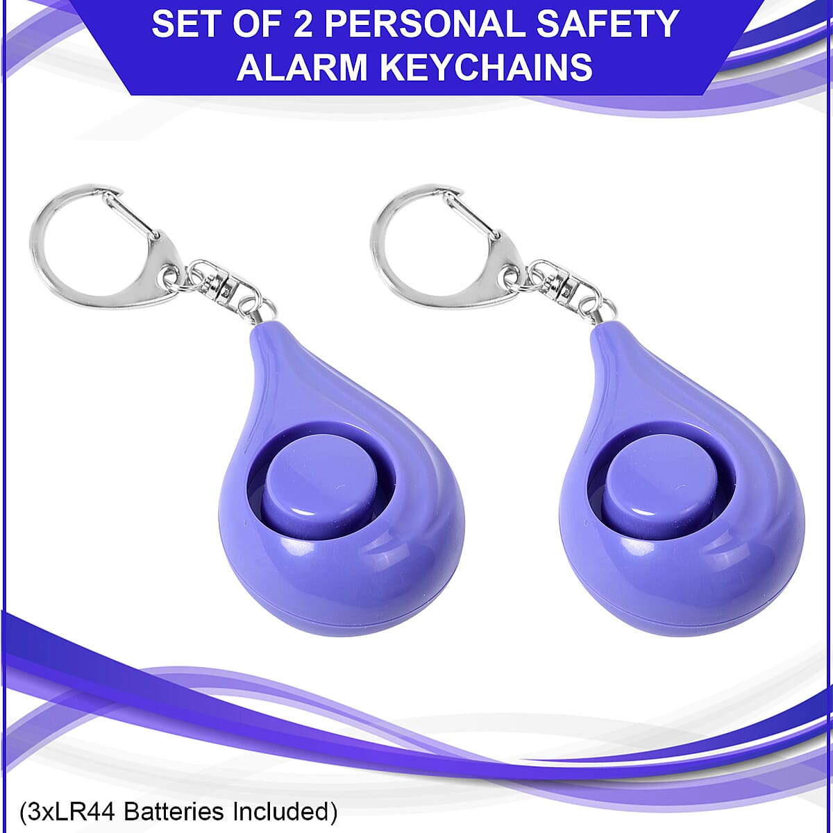 Set of 2 Personal Safety Purple Alarm Keychains (3xLR44 Batteries Included) image number 1