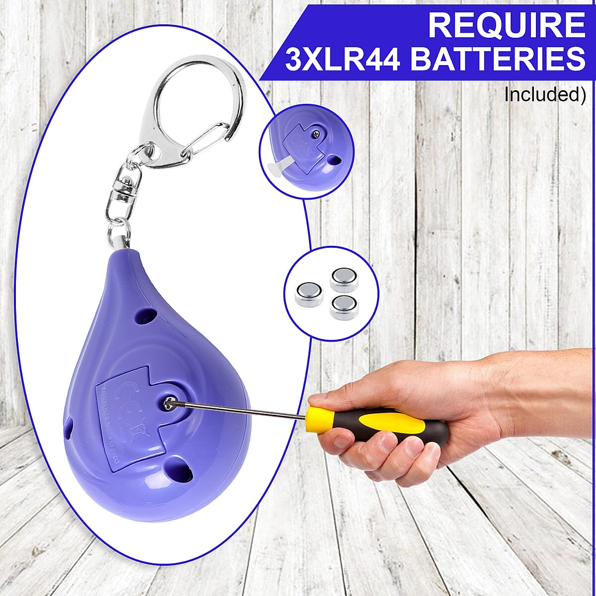 Set of 2 Personal Safety Purple Alarm Keychains (3xLR44 Batteries Included) image number 3