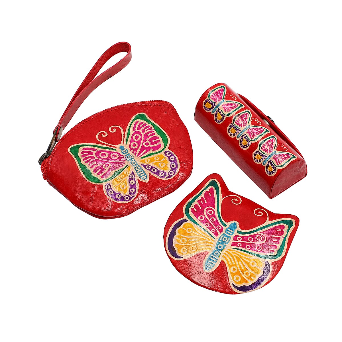Red 100% Genuine Leather Butterfly Embossed & Hand Painted Lipstick Case, Compact Mirror and Coin Pouch (4x3.5) image number 0