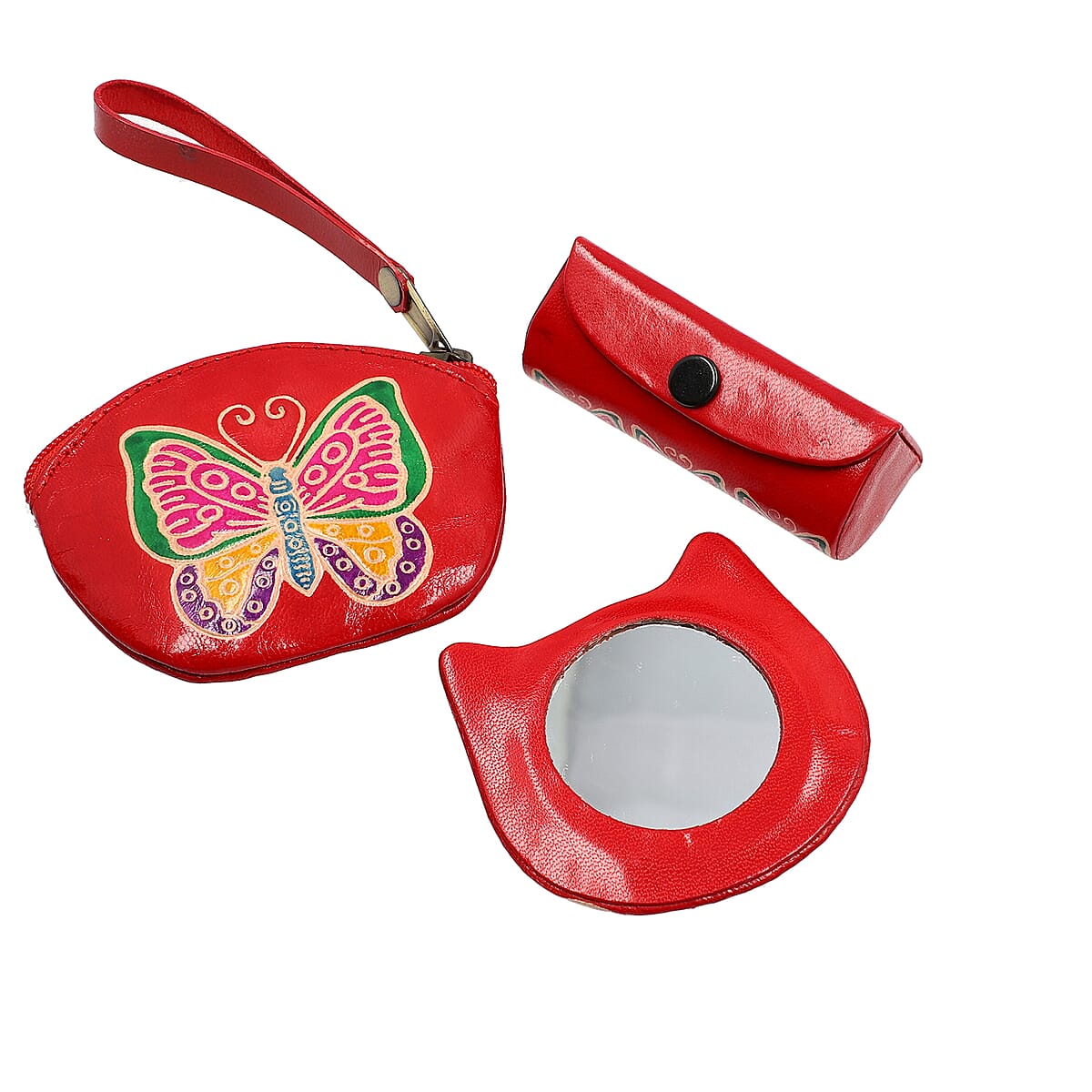 Red 100% Genuine Leather Butterfly Embossed & Hand Painted Lipstick Case, Compact Mirror and Coin Pouch (4x3.5) image number 1