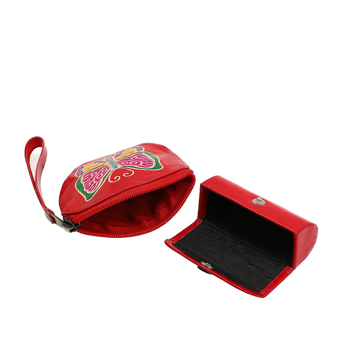 Red 100% Genuine Leather Butterfly Embossed & Hand Painted Lipstick Case, Compact Mirror and Coin Pouch (4x3.5) image number 2