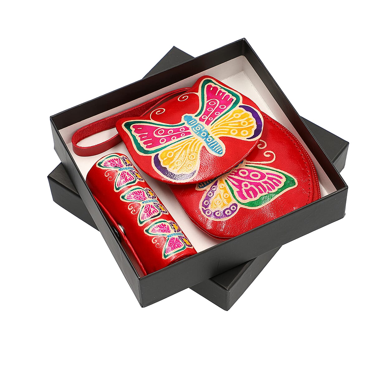 Red 100% Genuine Leather Butterfly Embossed & Hand Painted Lipstick Case, Compact Mirror and Coin Pouch (4x3.5) image number 3