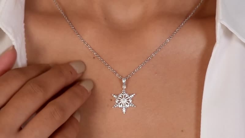 Diamond Accent Snowflake Pendant Necklace 20 Inches in Sterling Silver & Stainless Steel
