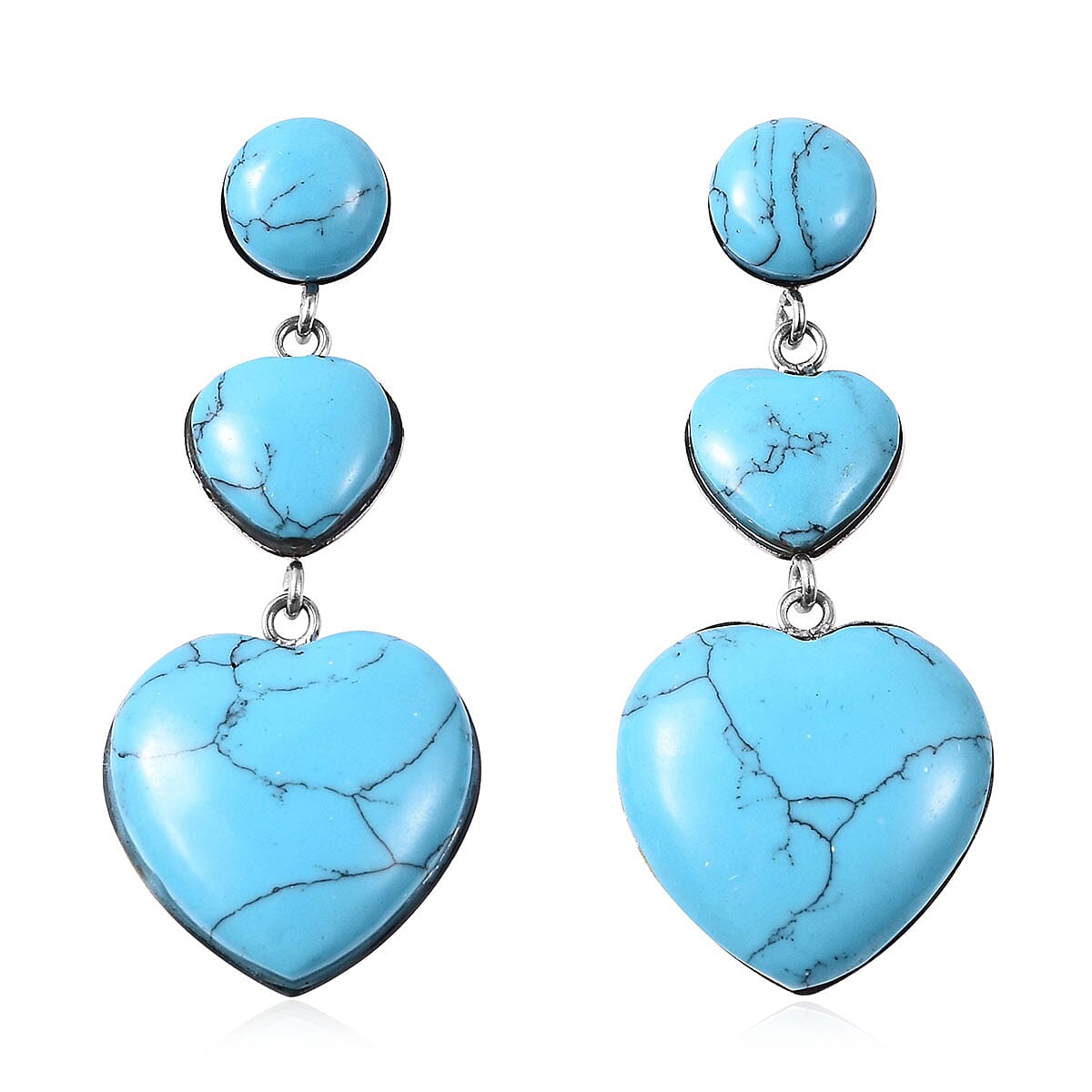 18.00 ctw Blue Howlite Heart Drop Earrings in Stainless Steel