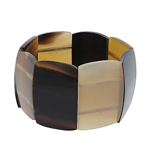 Natural Brown & Black Genuine Buffalo Horn Cushion Shape Stretch Bracelet