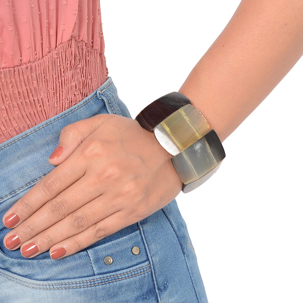 Super Find Natural Brown & Black Buffalo Horn Cushion Shape Stretch Bracelet image number 2