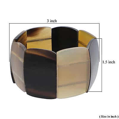 Super Find Natural Brown & Black Buffalo Horn Cushion Shape Stretch Bracelet