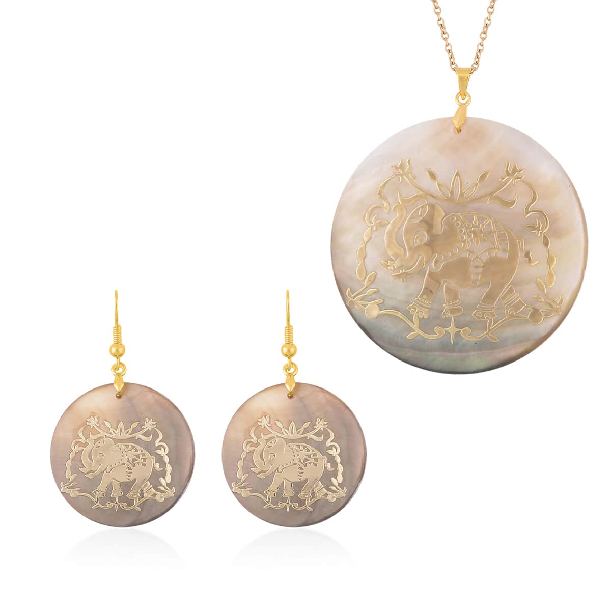 Brown Shell Elephant Earrings and Pendant Necklace in ION Plated Yellow Gold Stainless Steel and Goldtone 20 Inches image number 0