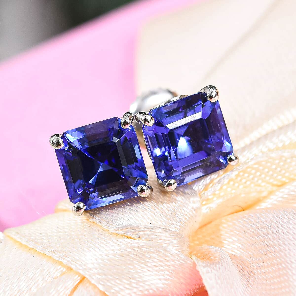 Rhapsody 950 Platinum AAAA Exclusive Asscher Cut Tanzanite Stud Earrings 2.40 Grams 3.60 ctw image number 1