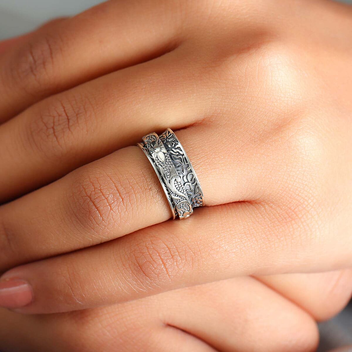 Sterling Silver Floral Spinner Ring, Anxiety Ring for Women, Fidget Rings for Anxiety for Women, Stress Relieving Anxiety Ring (Size 11.0) (4.90 g) image number 1