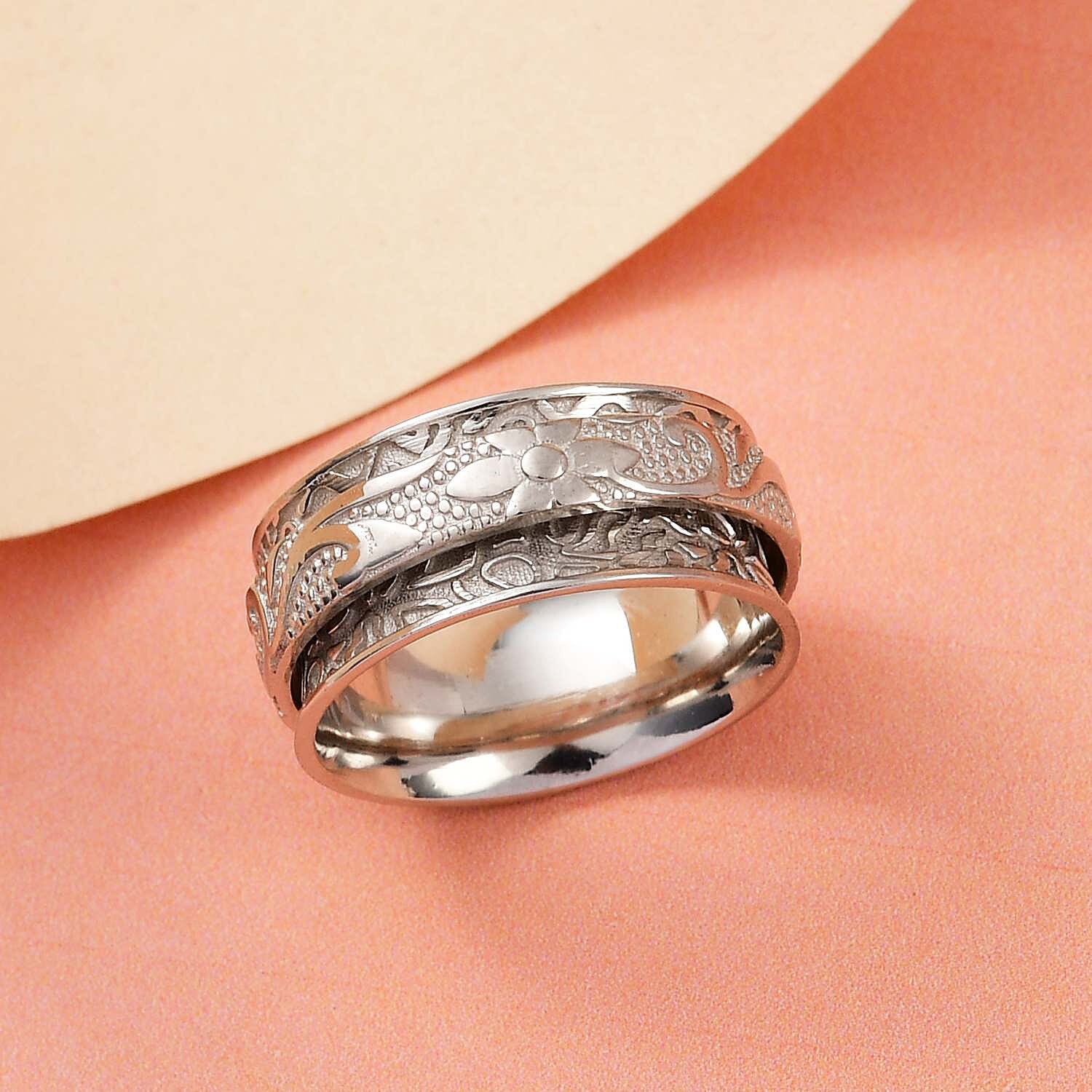 Sterling Silver Floral Spinner Ring, Anxiety Ring for Women, Fidget Rings for Anxiety for Women, Stress Relieving Anxiety Ring (Size 11.0) (4.90 g)