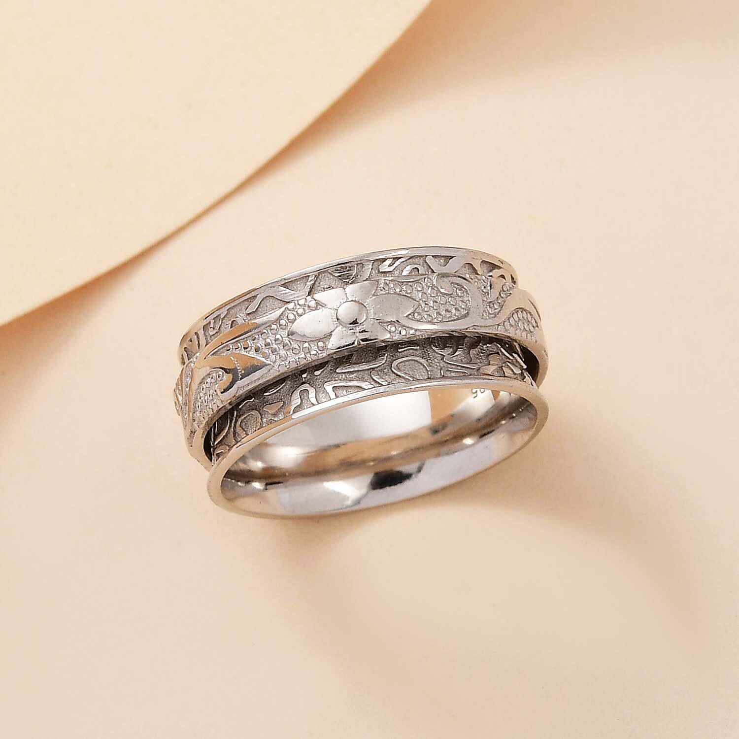 Sterling Silver Floral Spinner Ring, Anxiety Ring for Women, Fidget Rings for Anxiety for Women, Stress Relieving Anxiety Ring (Size 11.0) (4.90 g)