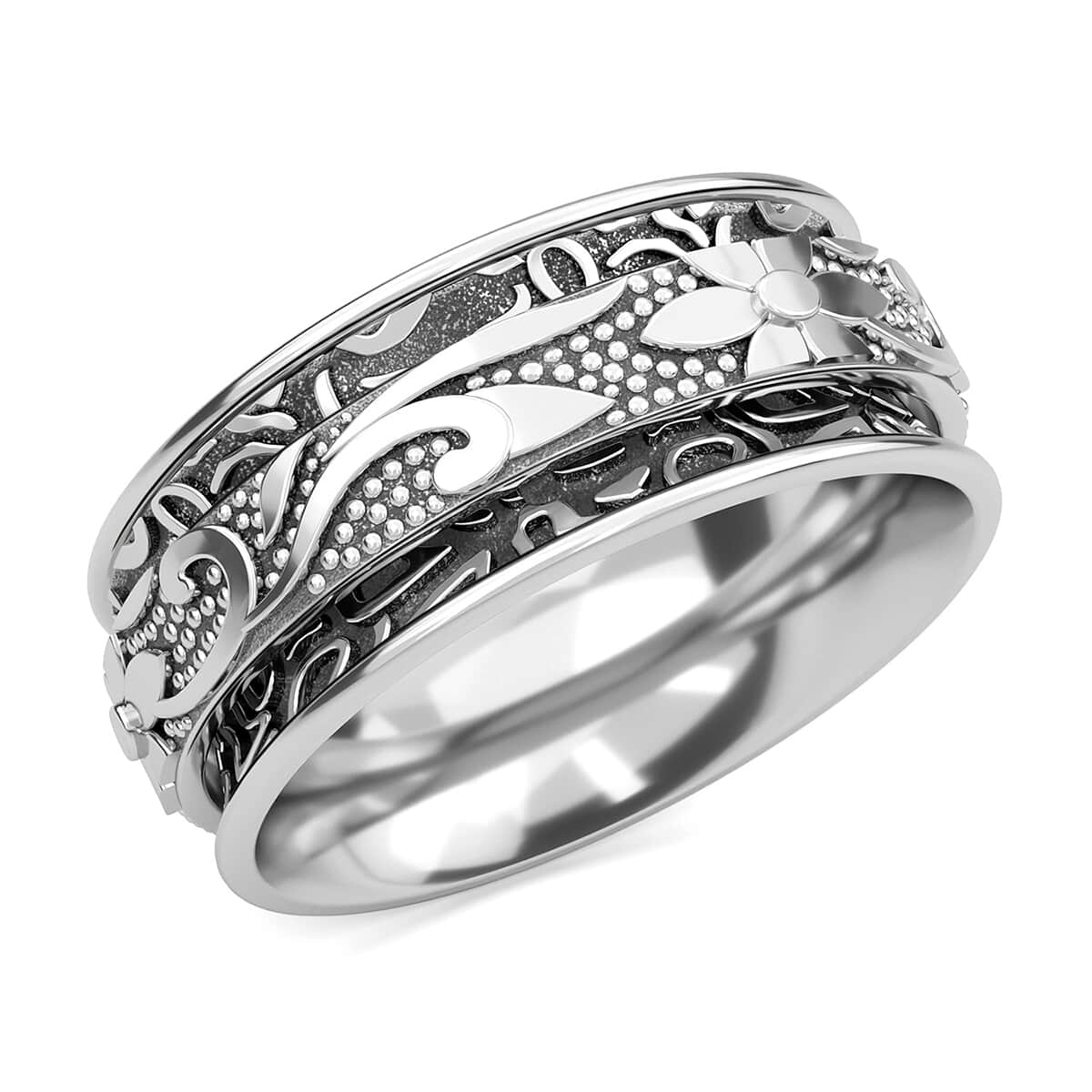 Sterling Silver Floral Spinner Ring, Anxiety Ring for Women, Fidget Rings for Anxiety for Women, Stress Relieving Anxiety Ring (Size 6.0) (4.90 g) image number 0