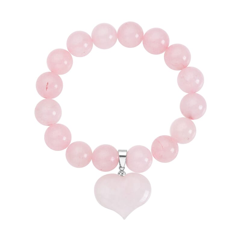 Galilea Rose Quartz 183.00 ctw Beaded Stretch Bracelet with Heart Charm