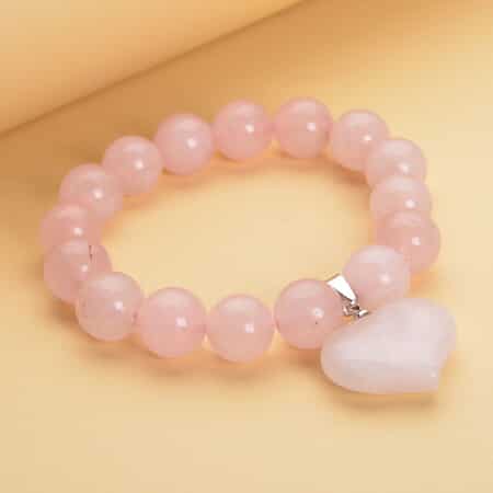 Galilea Rose Quartz Beaded Stretch Bracelet with Heart Charm 183.00 ctw image number 1