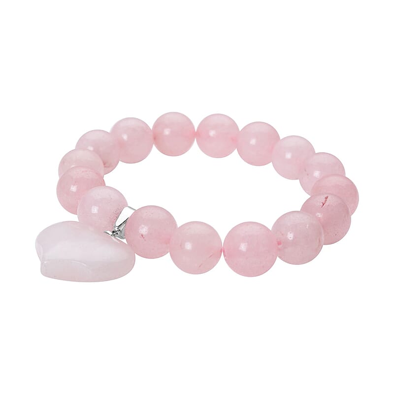 Galilea Rose Quartz 183.00 ctw Beaded Stretch Bracelet with Heart Charm