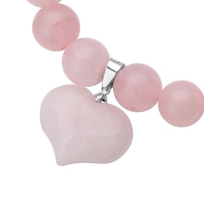 Galilea Rose Quartz 183.00 ctw Beaded Stretch Bracelet with Heart Charm