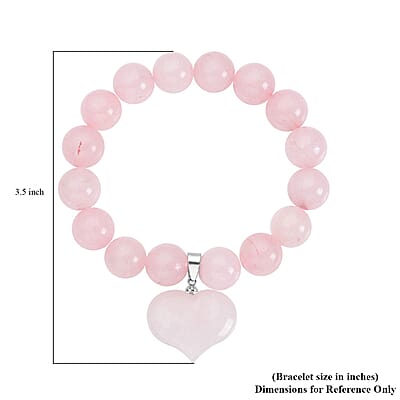Galilea Rose Quartz 183.00 ctw Beaded Stretch Bracelet with Heart Charm