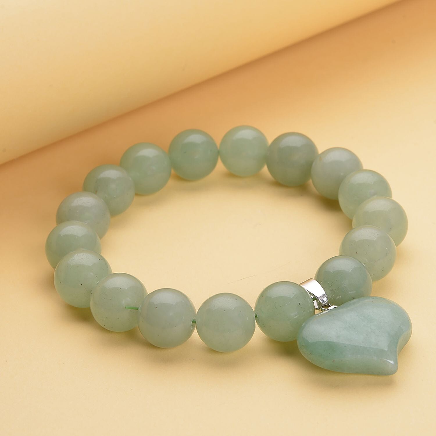 Green Aventurine Beaded Stretch Bracelet with Heart Charm 191.50 ctw