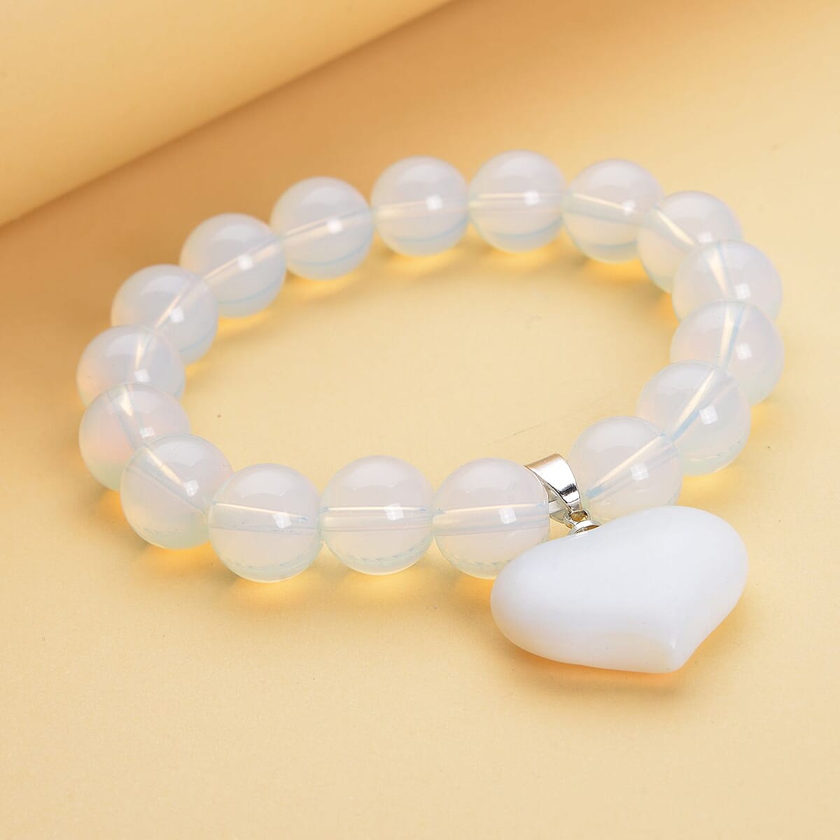 Opalite Beaded Stretch Bracelet with Heart Charm 173.00 ctw image number 1