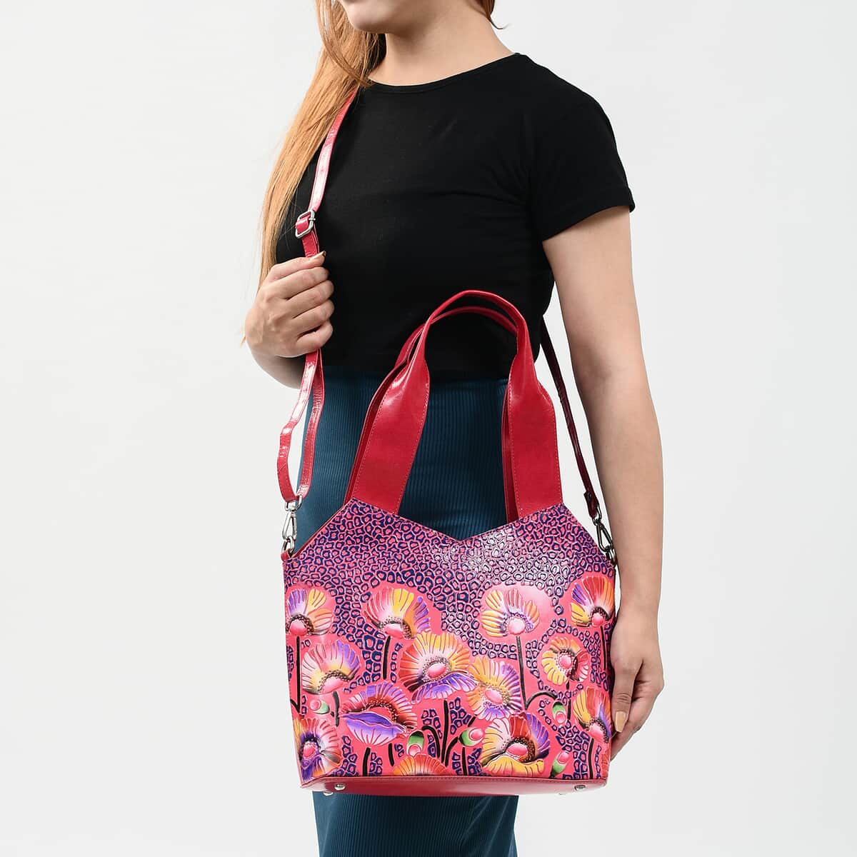 Vivid By SUKRITI Fuchsia 100% Genuine Leather Hand Painted Poppy Flower Shoulder Bag (13"x4"x9") with Detachable Strap image number 1