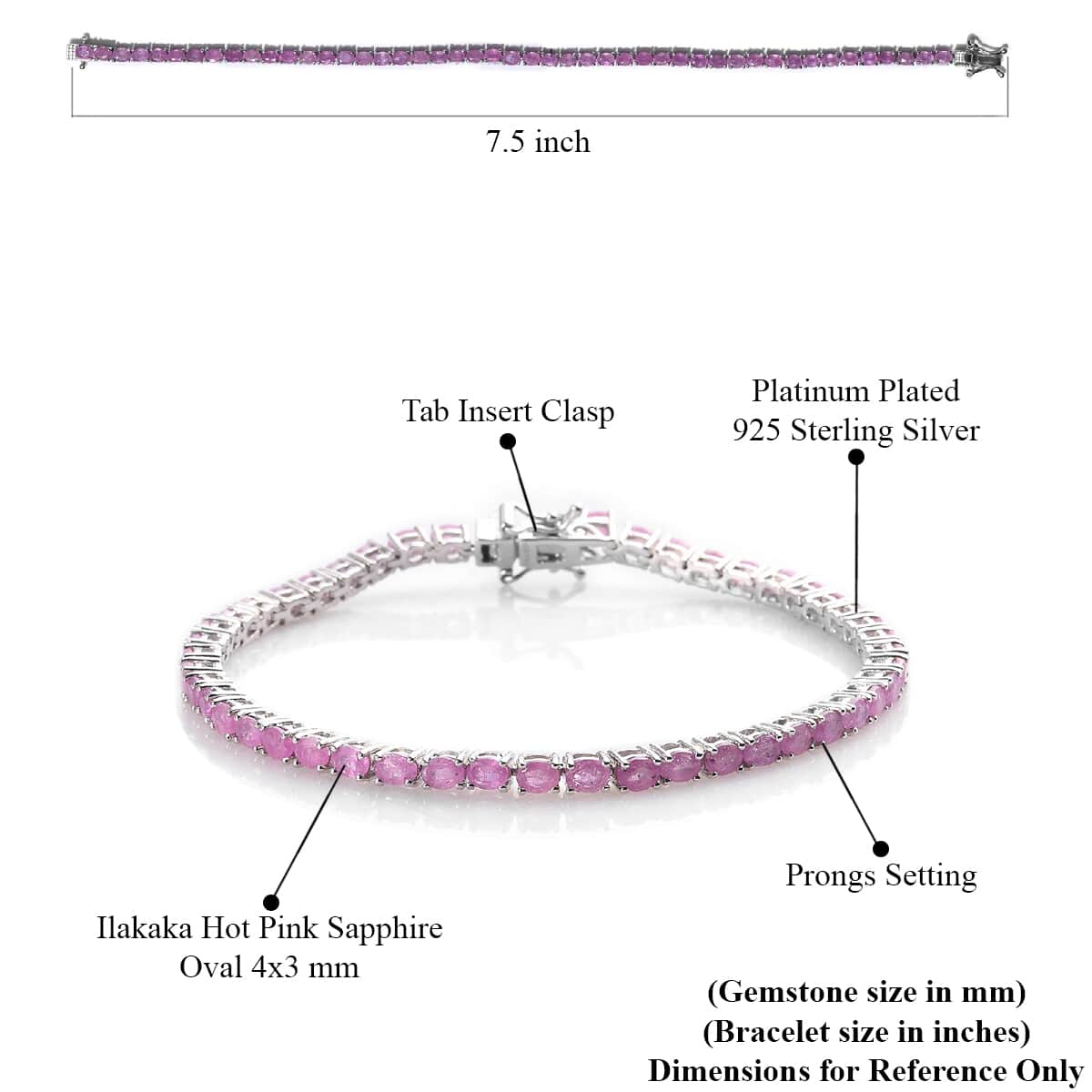 Premium Ilakaka Hot Pink Sapphire (FF) Tennis Bracelet in Platinum Over Sterling Silver (7.25 In) 10.75 ctw image number 4