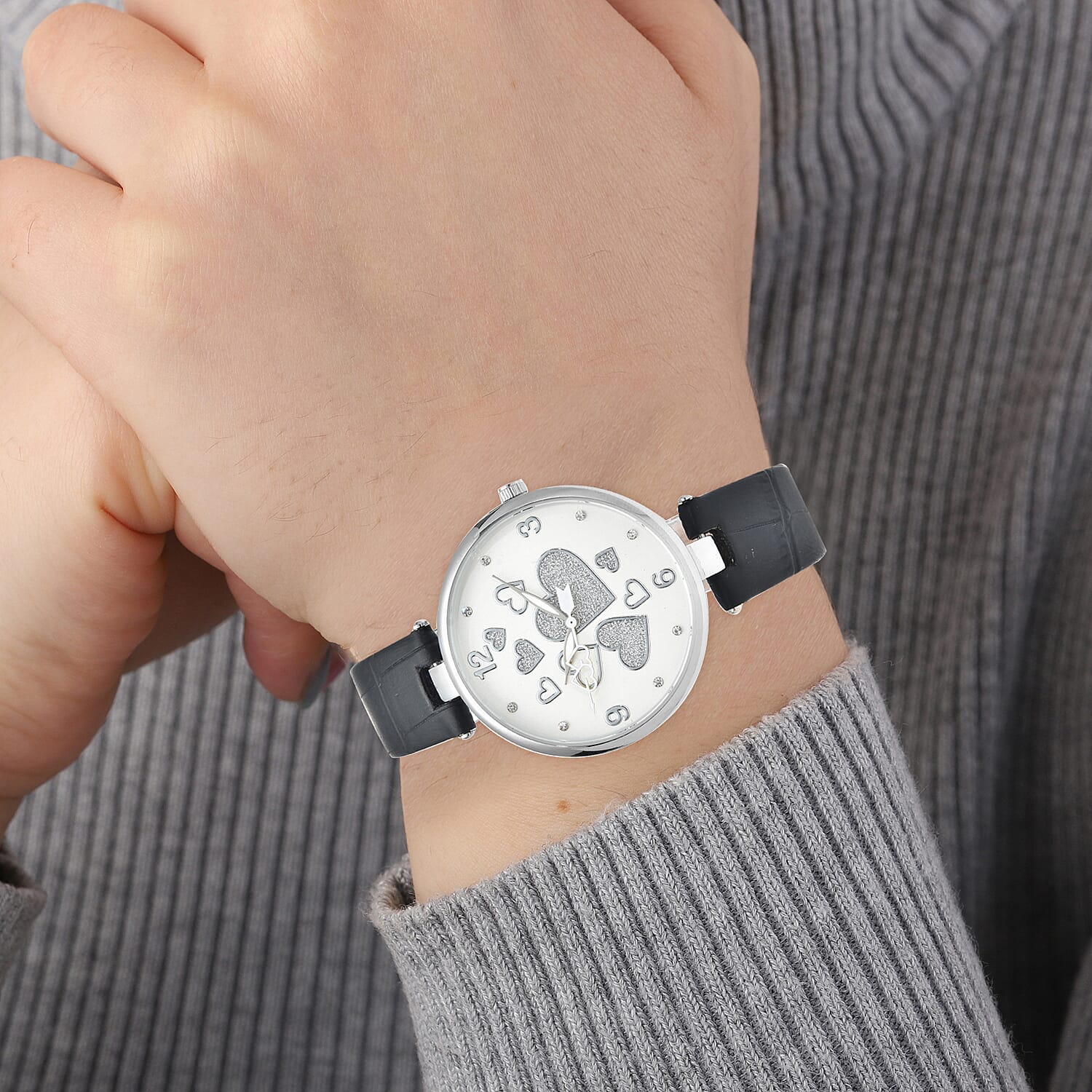 Strada Austrian Crystal Japanese Movement Watch in Silvertone with Black Vegan Leather Strap