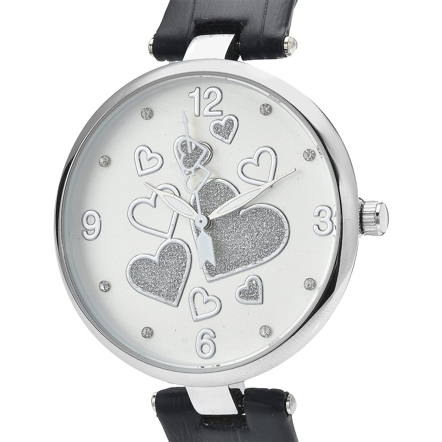 Strada Austrian Crystal Japanese Movement Watch in Silvertone with Black Vegan Leather Strap