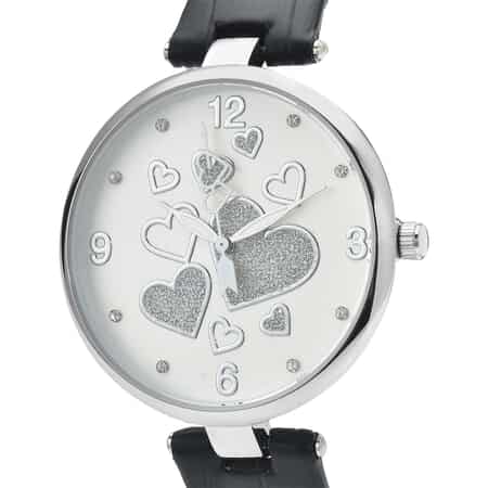 Strada Austrian Crystal Japanese Movement Watch in Silvertone with Black Vegan Leather Strap image number 3