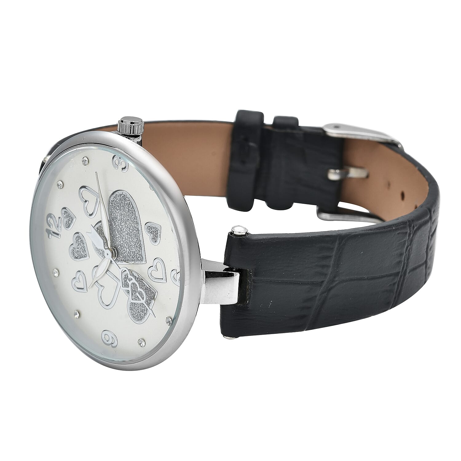 Strada Austrian Crystal Japanese Movement Watch in Silvertone with Black Vegan Leather Strap