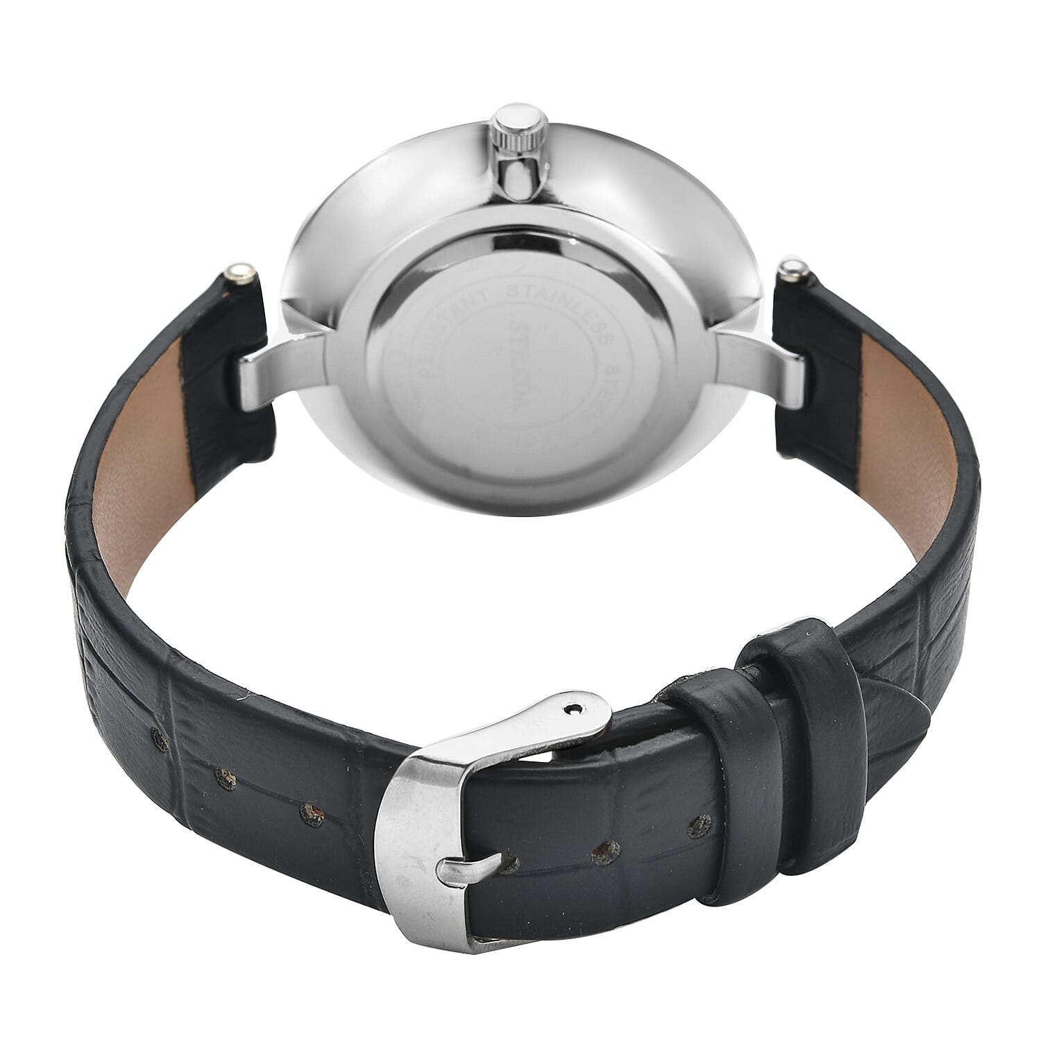 Strada Austrian Crystal Japanese Movement Watch in Silvertone with Black Vegan Leather Strap
