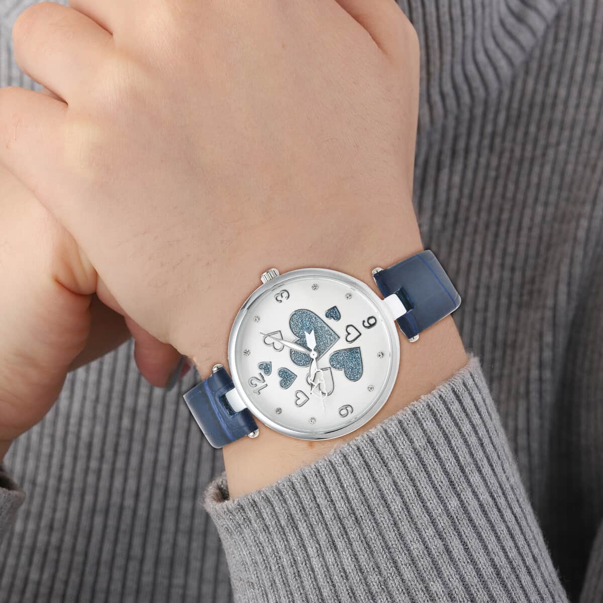 Strada Austrian Crystal Japanese Movement Watch in Silvertone with Navy Blue Vegan Leather Strap image number 2