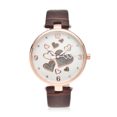 Strada Austrian Crystal Japanese Movement Watch in Rosetone with Brown Vegan Leather Strap image number 0