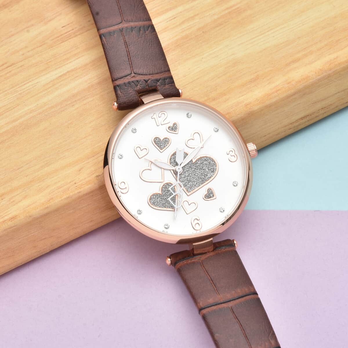 Strada Austrian Crystal Japanese Movement Watch in Rosetone with Brown Vegan Leather Strap image number 1