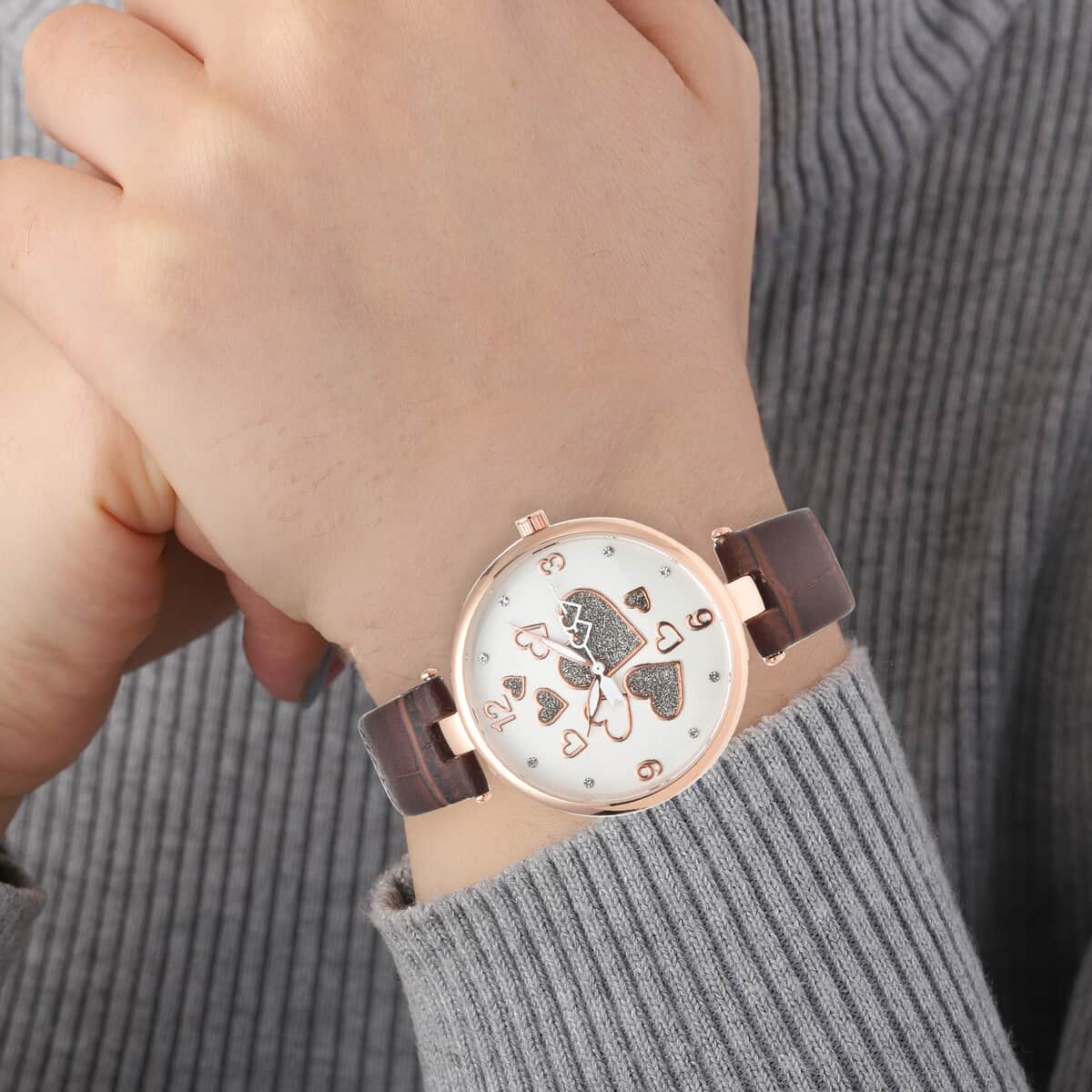 Strada Austrian Crystal Japanese Movement Watch in Rosetone with Brown Vegan Leather Strap image number 2