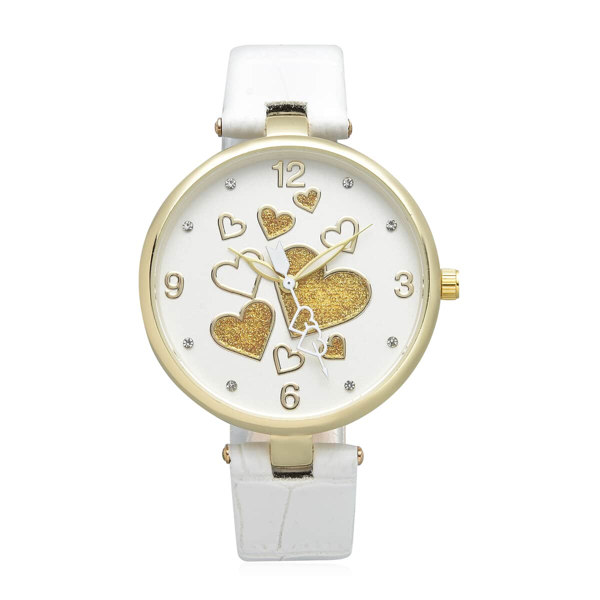 Strada Austrian Crystal Japanese Movement Watch in Goldtone with White Vegan Leather Strap image number 0
