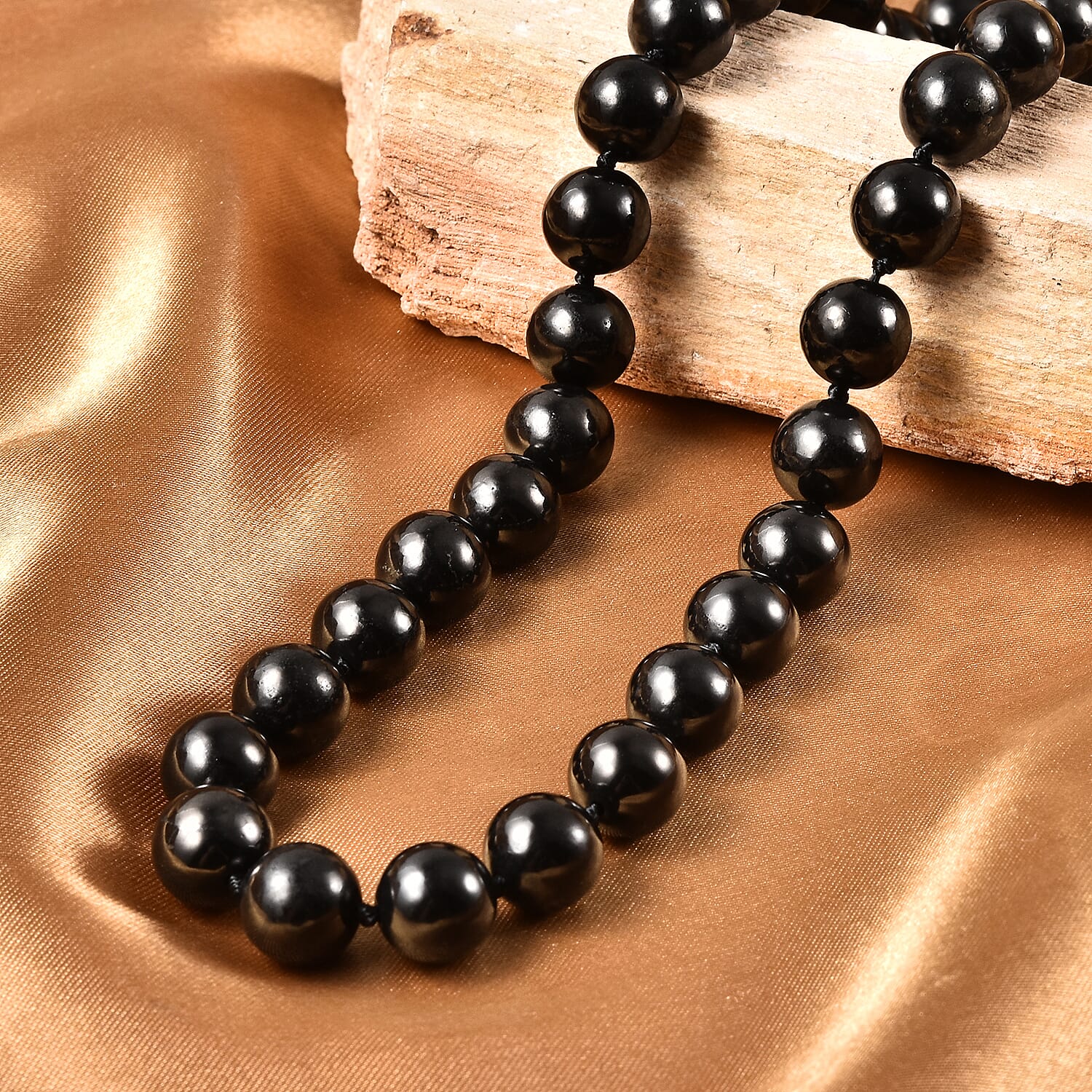Natural Shungite Beaded Necklace 20 Inches in Sterling Silver with Magnet Lock 401 ctw
