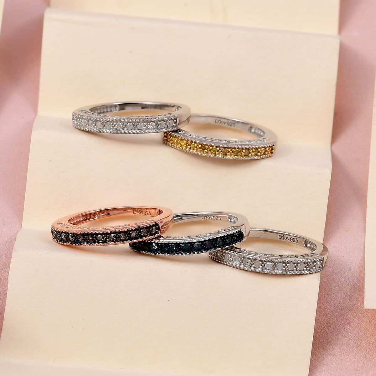 Set of 5 Multi Diamond Ring in Rhodium, Vermeil Rose Gold and Platinum Over Sterling Silver (Size 7) 9 Grams 0.50 ctw image number 1