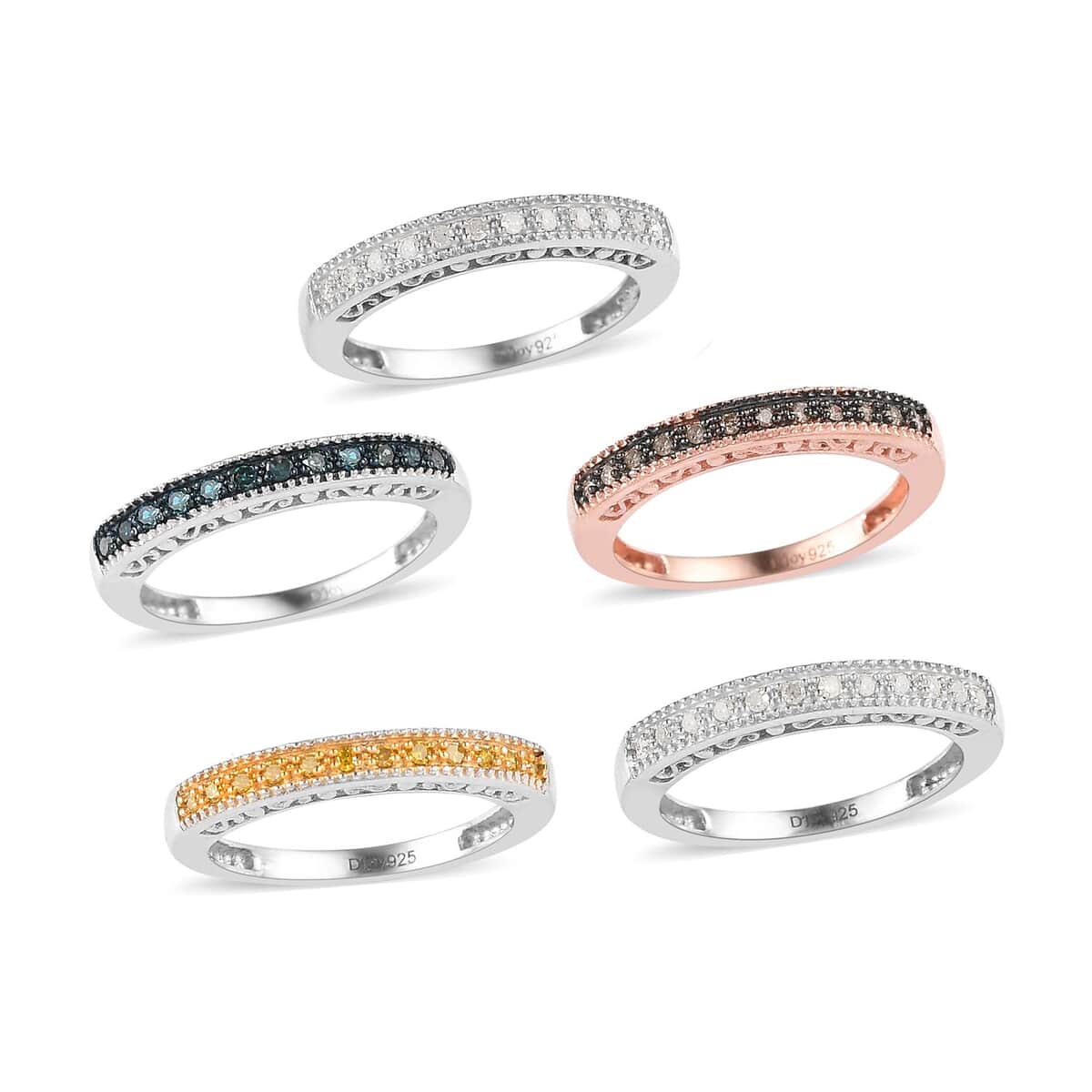 Set of 5 Multi Diamond Ring in Rhodium, Vermeil Rose Gold and Platinum Over Sterling Silver (Size 7) 9 Grams 0.50 ctw image number 3