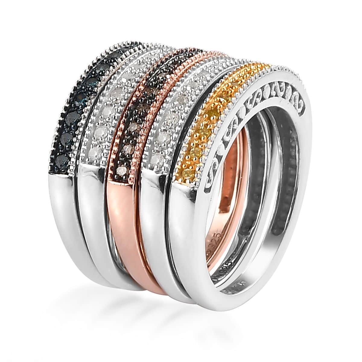 Set of 5 Multi Diamond Ring in Rhodium, Vermeil Rose Gold and Platinum Over Sterling Silver (Size 7) 9 Grams 0.50 ctw image number 4